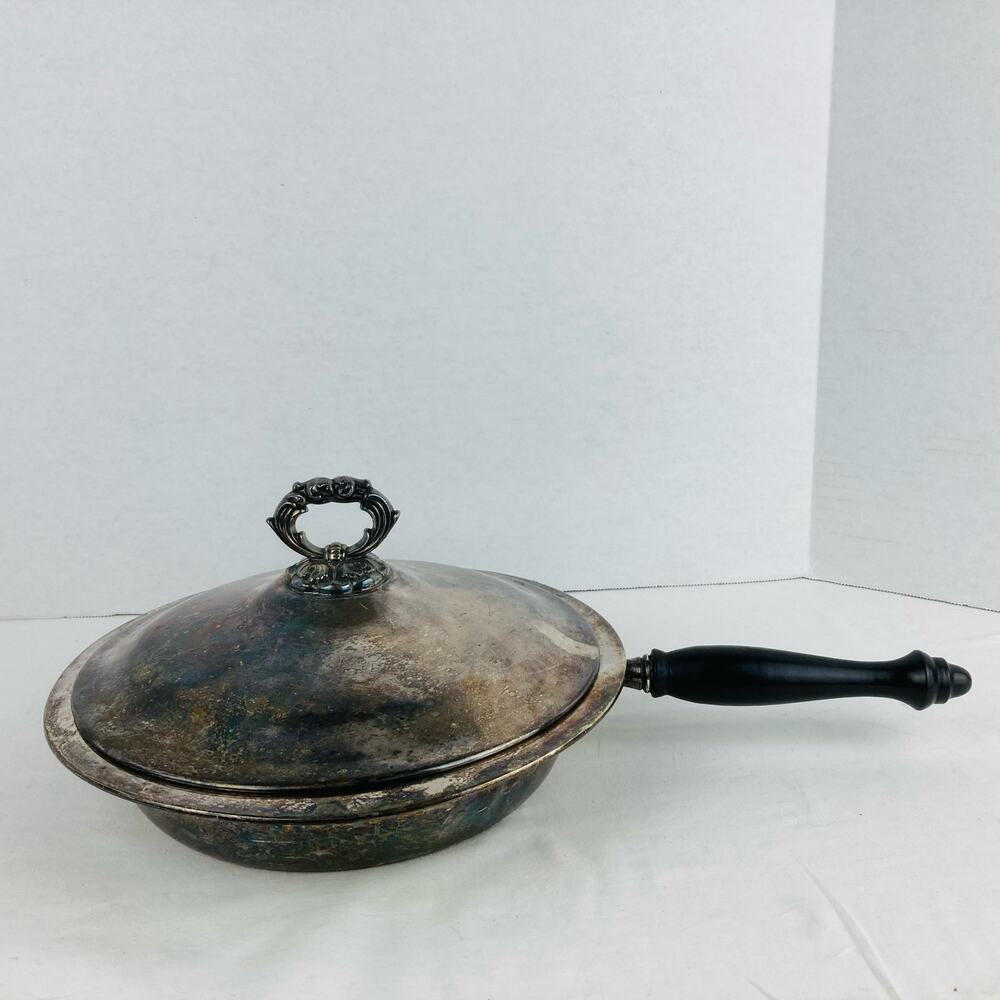 VTG Marshall Field & Co Silver Plate Round Chafing Dish Wood Handle EPC Culinary